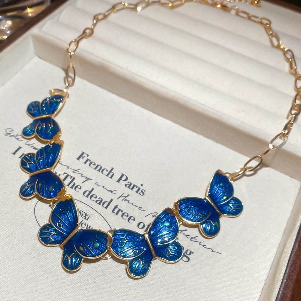 GlamBam Blue Enamel Butterfly Charm Necklace Gold Tone Fashion Jewelry - Picture 3 of 6